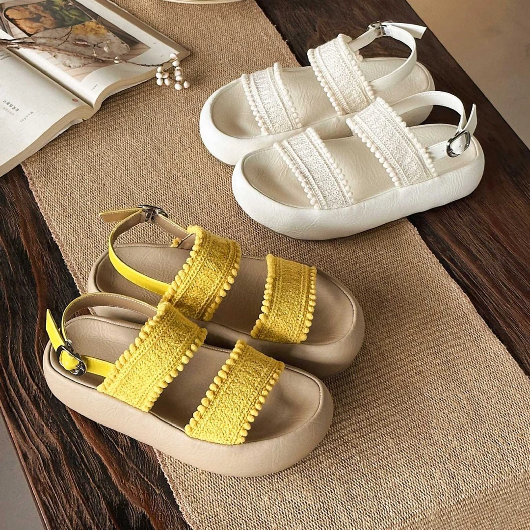 【增高4CM】厚底一字带编织罗马凉鞋女夏季新款百搭舒适软底沙滩