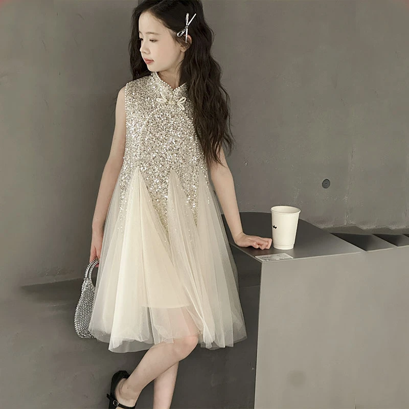 女童夏季新中式网纱连衣裙2025新款女孩无袖中长背心裙公主裙韩版