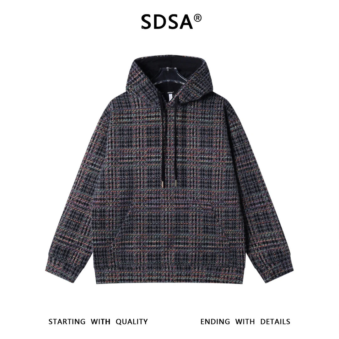 SDSA男士秋冬新款痞帅男装美式复古彩色格子抽绳连帽卫衣宽松潮流