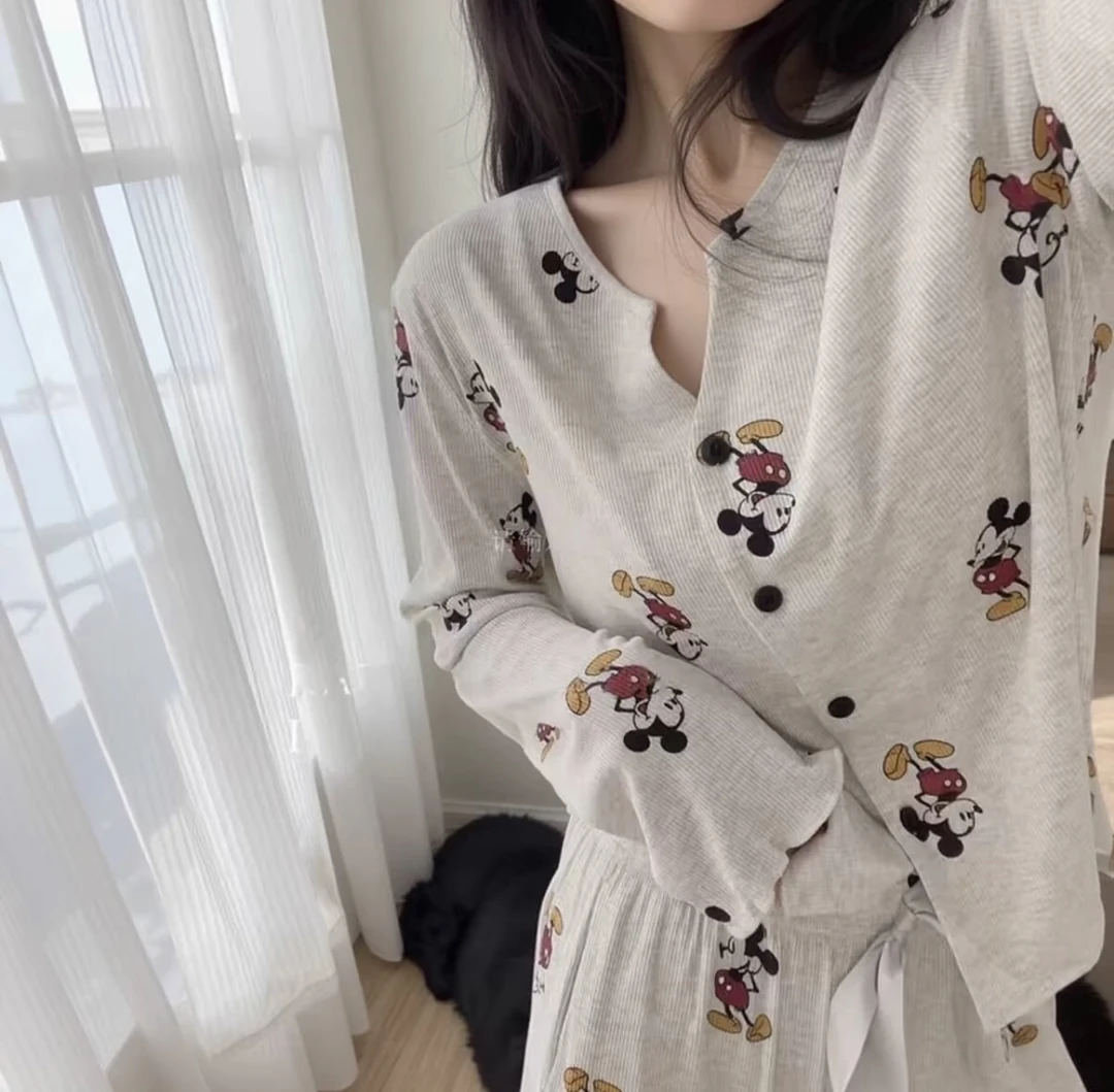 春秋季睡衣女V领冰丝螺纹米奇长袖长裤韩版宽松可外穿家居服50223