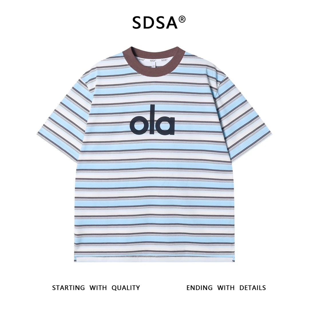 夏季高级感新款男士小清新条纹字母印花短袖T恤情侣宽松圆领上衣