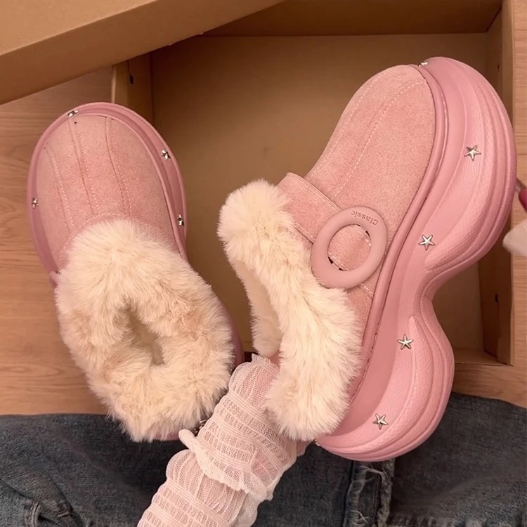 厚底雪地靴女冬季新款一脚蹬一体包头保暖拖加绒棉鞋靴毛毛鞋