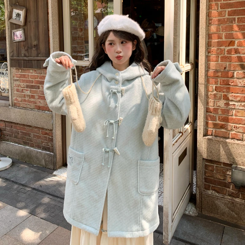 森女部落甜美风纯色百搭毛呢大衣女2025秋冬连帽宽松治愈长款外套