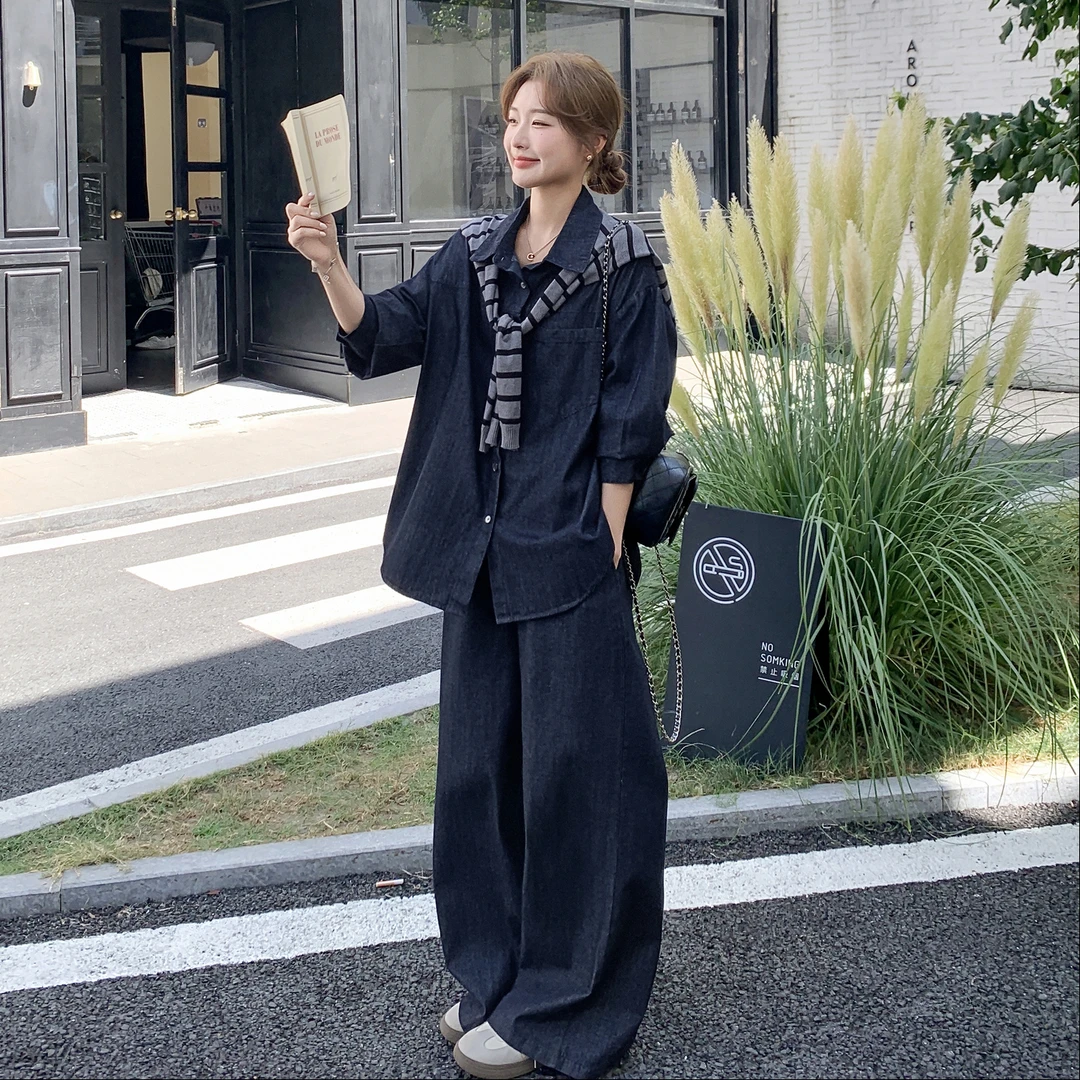 牛仔外套阔腿裤两件套女春秋大方得体巨好看高级韩系松弛感一整套