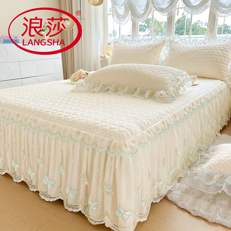 【浪莎品牌】公主风全棉床裙三件套四季通用遮丑下摆纯棉床罩款单件