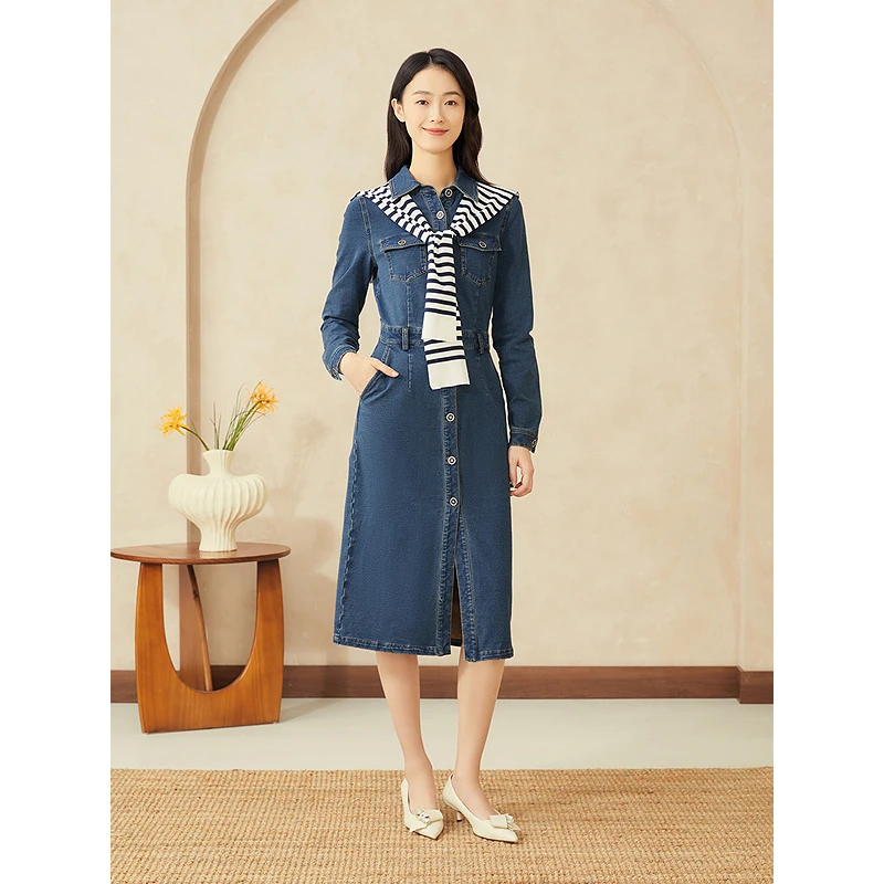 YINER/音儿新款显瘦时尚亲肤棉优雅针织披肩牛仔连衣裙8C65105096