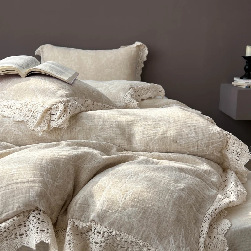 好物棉麻色织提花全棉双层纱布四件套高端镂空花边款纯棉皱皱纱被