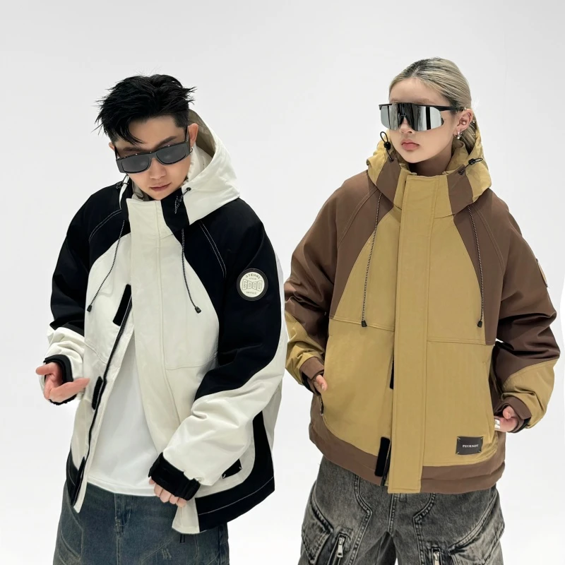 前沿攻略90鸭绒连帽羽绒服拼接户外工装百搭情侣款外套 AY-001