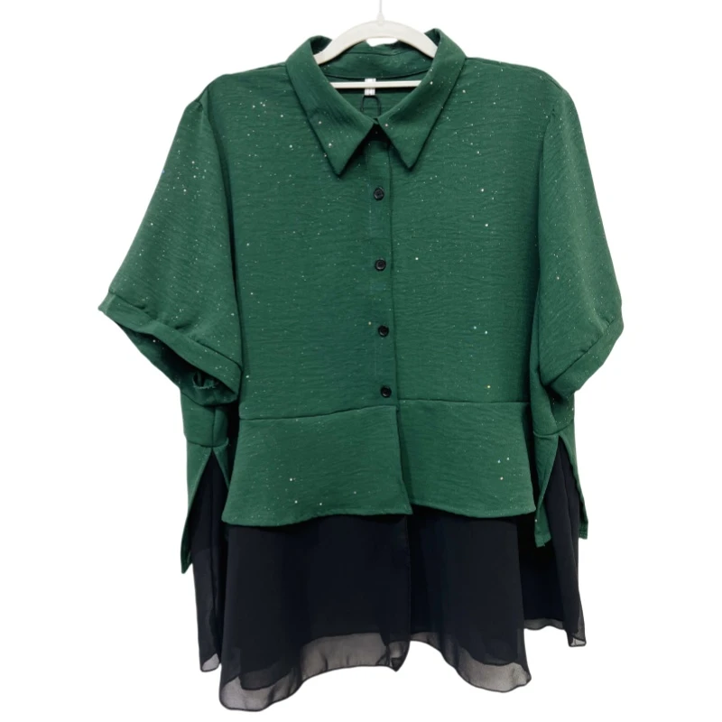 拼接纱绿衬衫通勤风POLO领遮肉显瘦百搭气质设计感上衣短袖