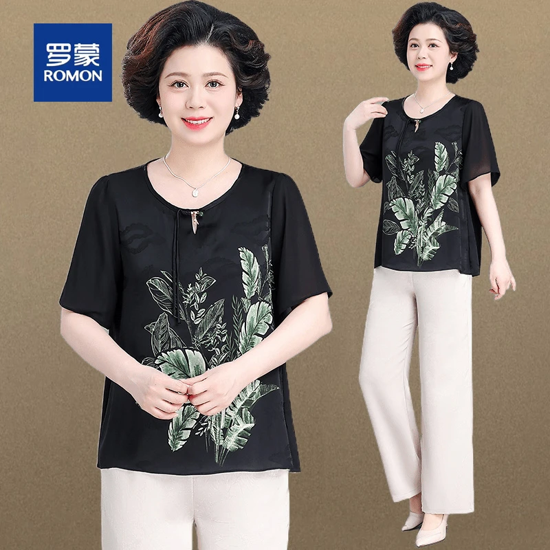 罗蒙妈妈夏装短袖雪纺小衫两件套女洋气中老年阔太太气质衬衫上衣
