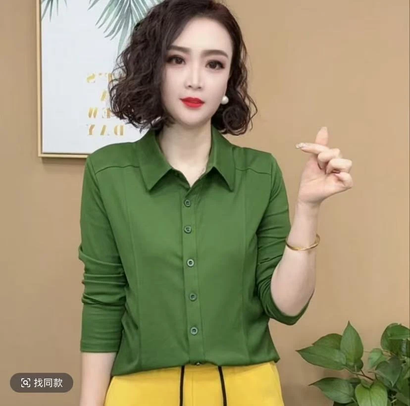 2025春季新款时尚纯色POLO领T恤衫洋气百搭修身显瘦女士上衣衬衫