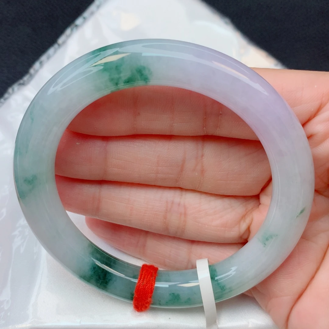 翡翠未镶嵌手镯55胖圆条 糯冰春彩带飘花完整度高