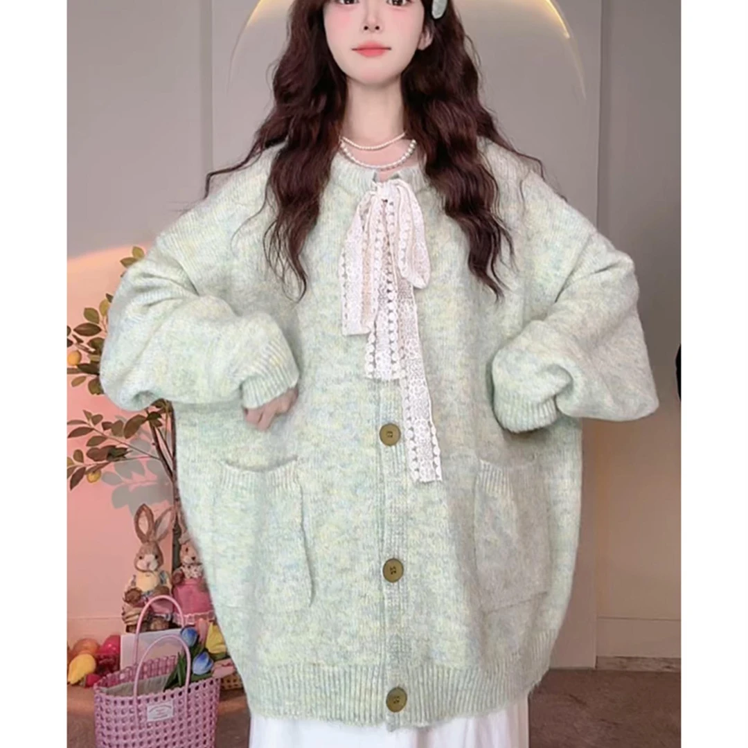 VOCKOO官方设计感蕾丝系带开衫毛衣女秋冬新款大尺码胖MM显瘦宽松