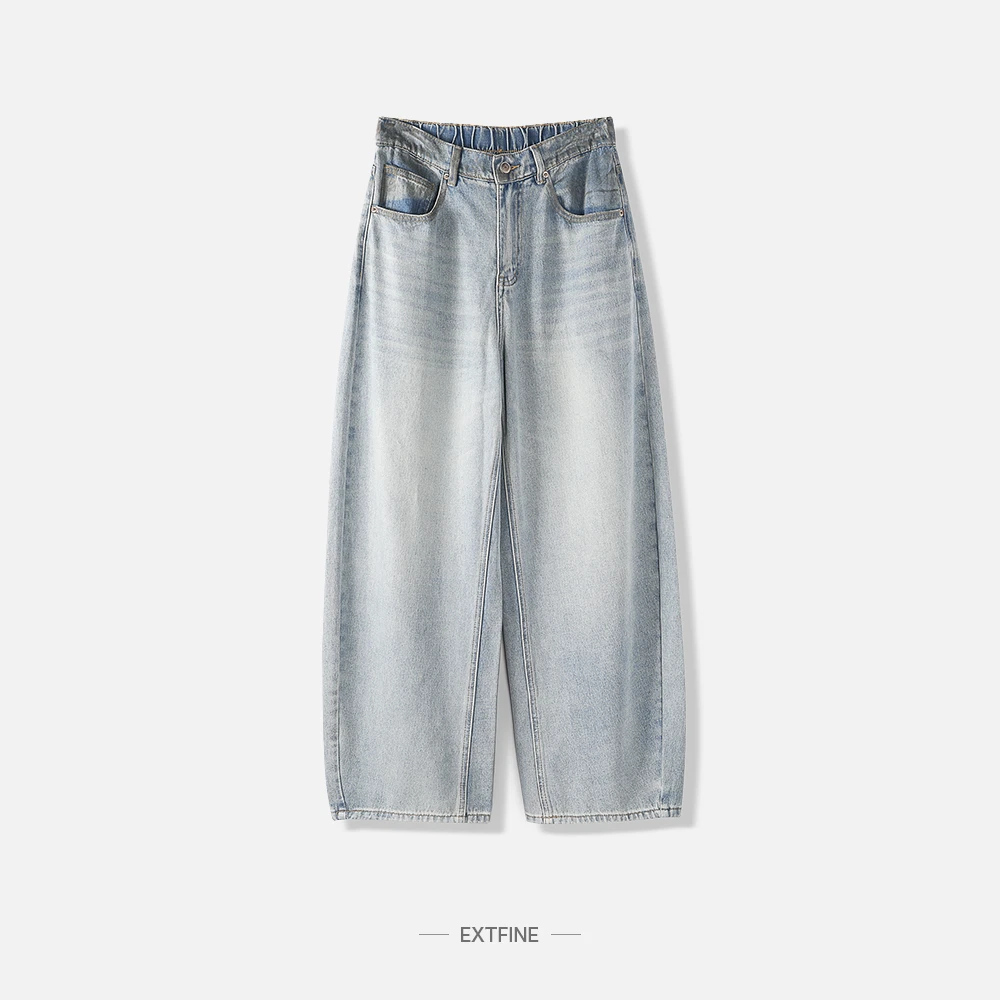 夏季日系复古设计感水洗浅蓝色牛仔阔腿直筒弯刀牛仔裤男长裤百搭