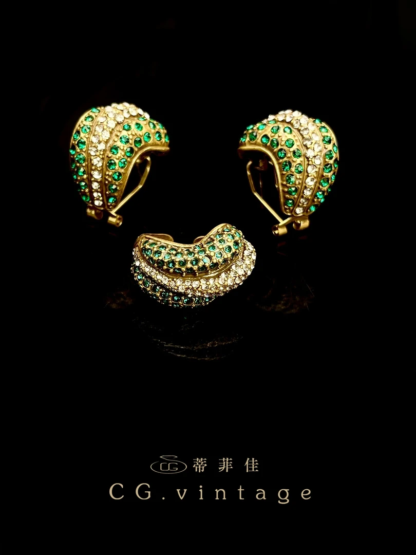 铜合金合成锆石耳饰 【夏季新款】金色耳环气质绿色国风欧若假日风
