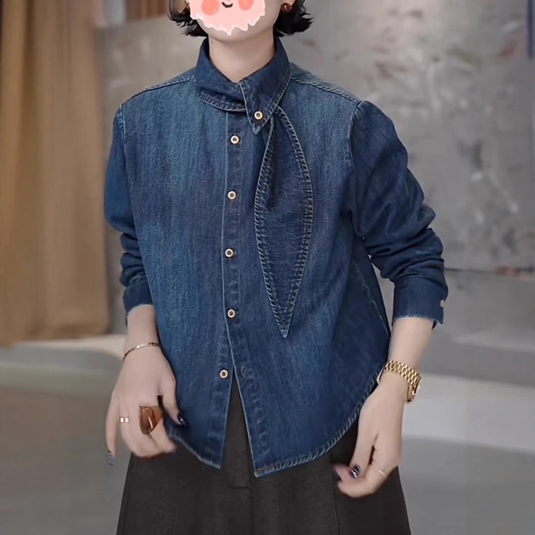 高端欧货冬季新款超好看复古时尚气质加厚磨毛系带牛仔衬衫上衣女