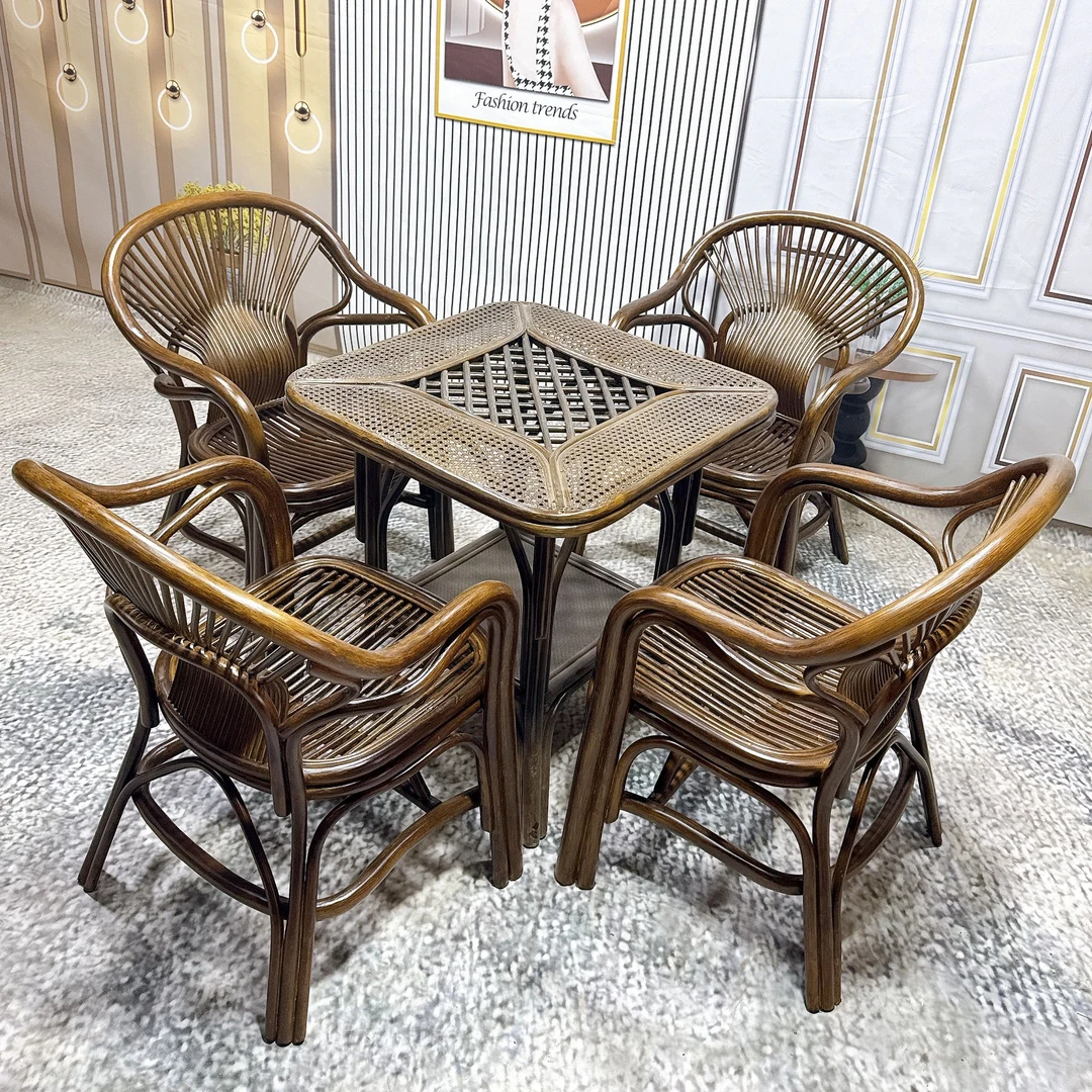 真藤家用阳台客厅茶桌椅套装老人靠背休闲椅五件套藤椅座椅纯手工