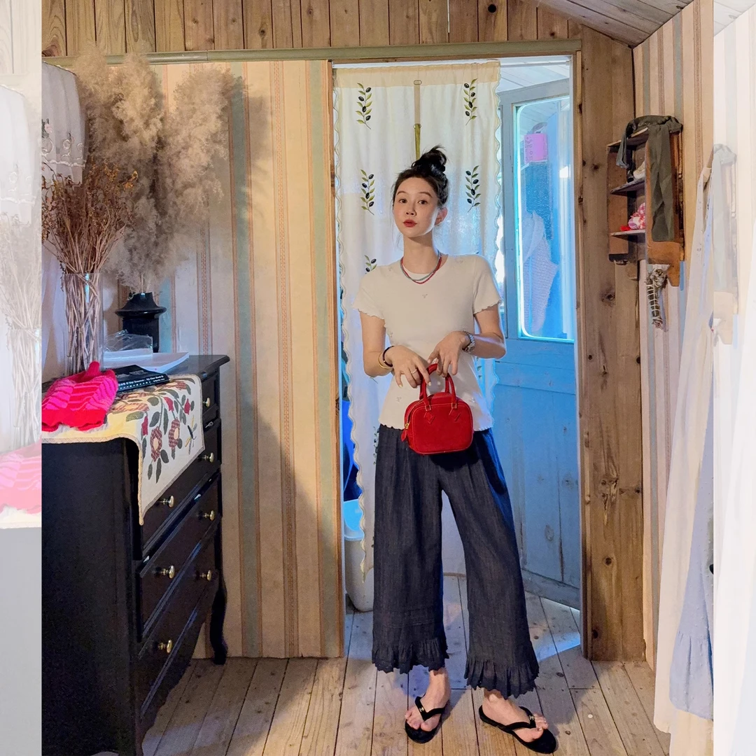 莉贝琳sisy普吉海风休闲裤棉麻复古宽松花边直筒阔腿裤S25205TR13