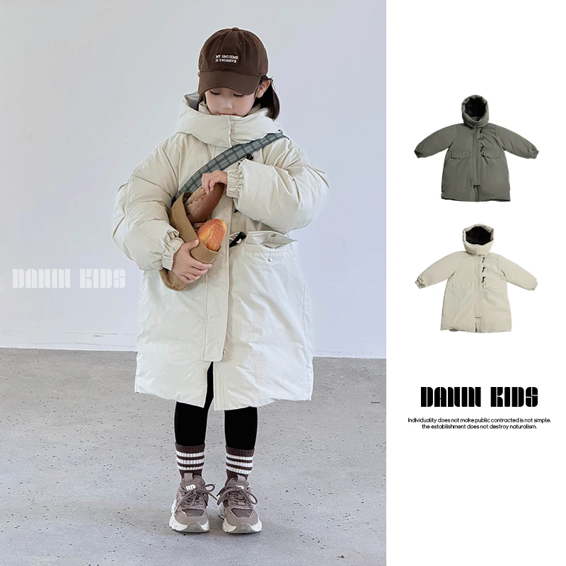 嗒囜【抗造耐穿】连帽可拆羽绒服长款牛角扣男女童冬季保暖新款外套