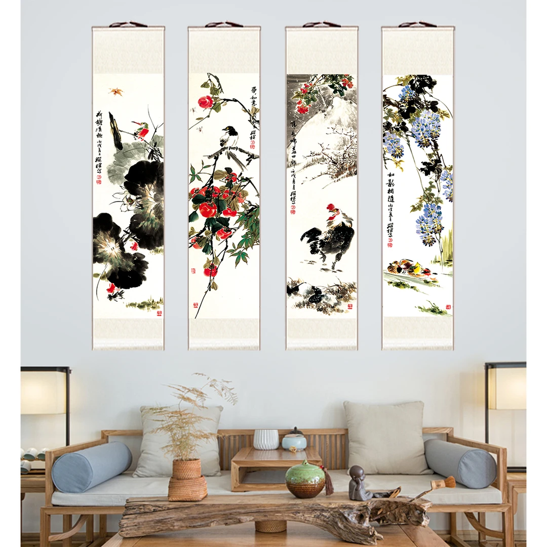 国风玄关画横幅装裱四条屏卷轴创意画《花鸟四条屏