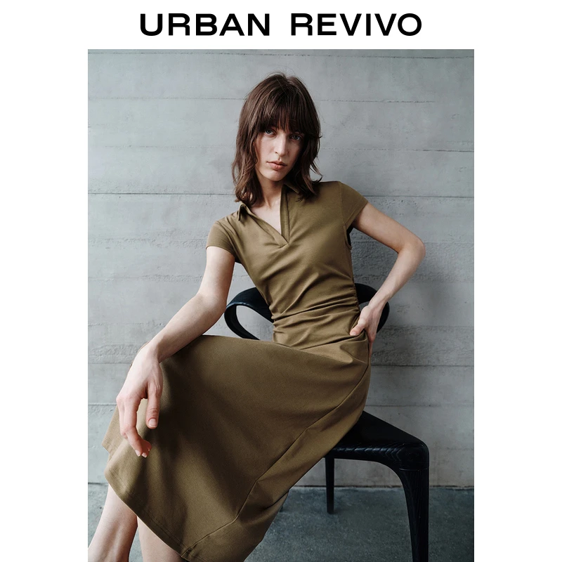 UR2025夏季新款女休闲简约通勤褶皱修身短袖连衣裙UWM750051