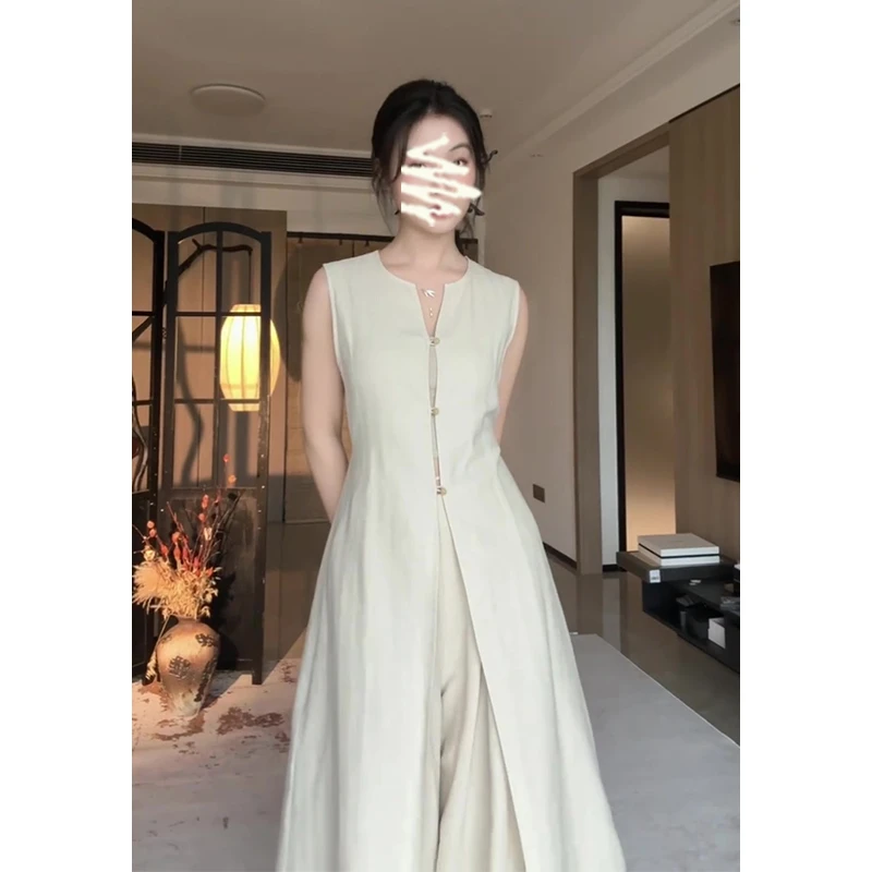 2025夏季新款女高级感气质无袖中长款开衫百搭高腰显瘦阔腿长裤