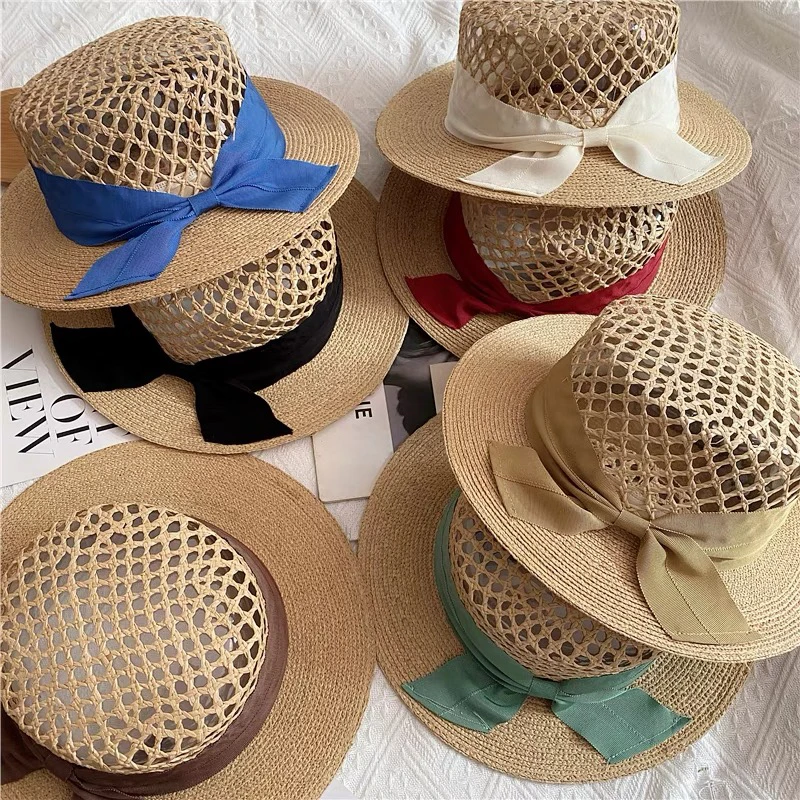 特细拉菲草平顶小礼帽草帽出游度假旅行防晒遮阳帽镂空沙滩帽女夏