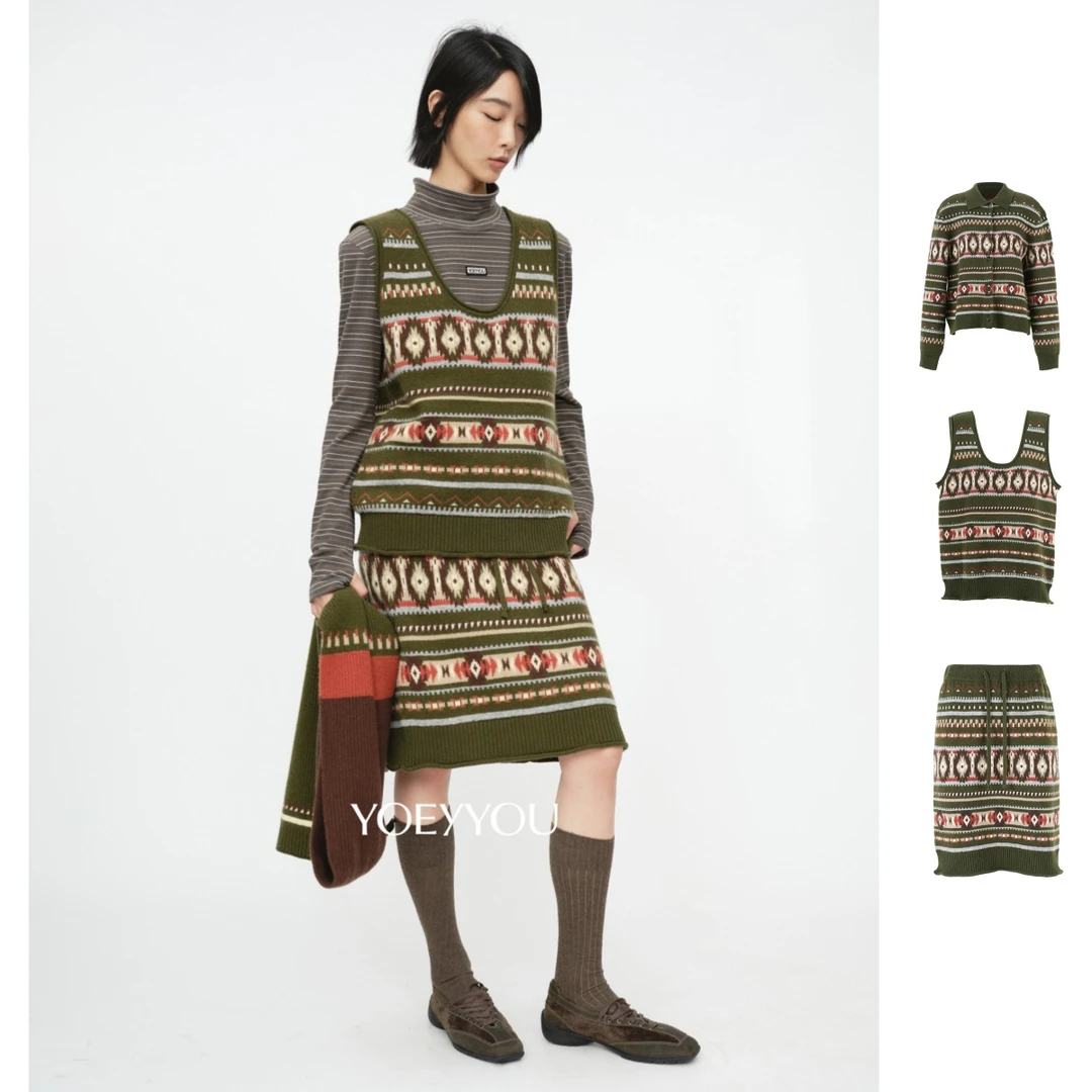 YOE YYOU  25秋冬新品提花直身毛织背心/半裙/费尔岛提花开衫