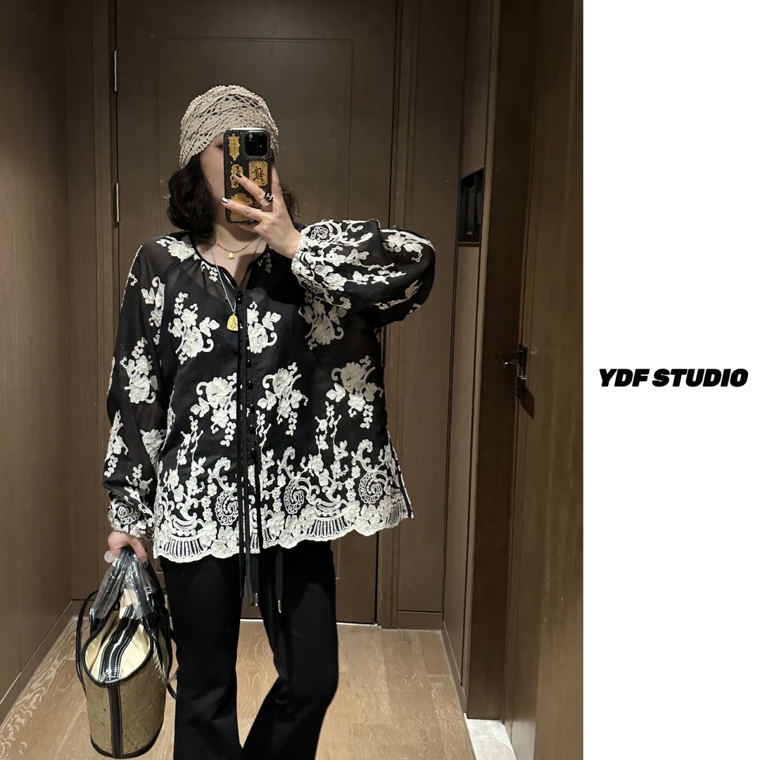 YDFSTUDIO小众【一帘春月】欧货高品刺绣设计百搭时尚套头系带上衣