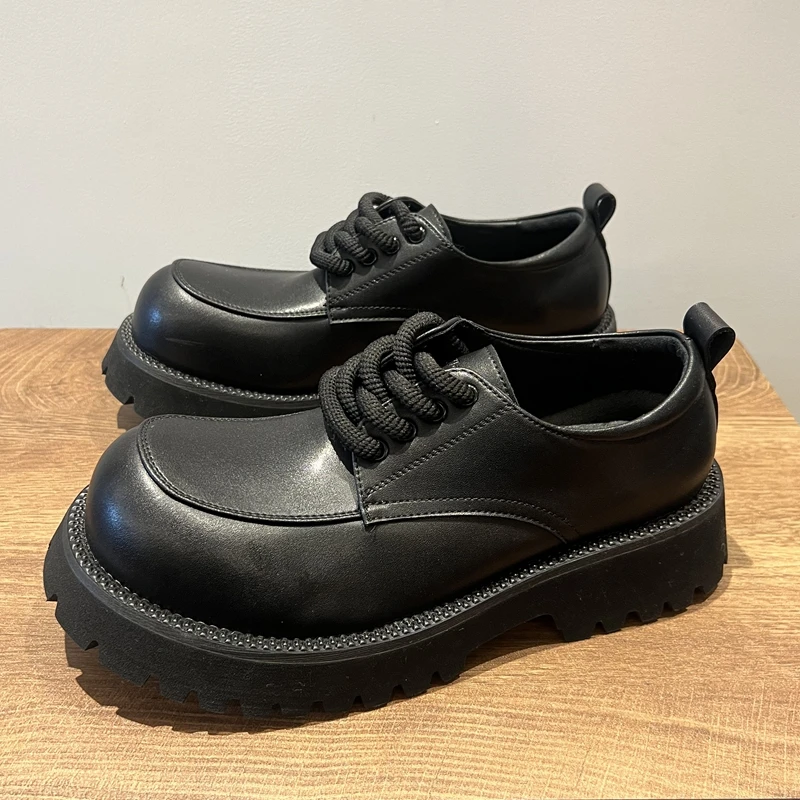 2025新款男款鞋商务休闲皮鞋男士英伦风圆头时尚百搭黑色复古厚底