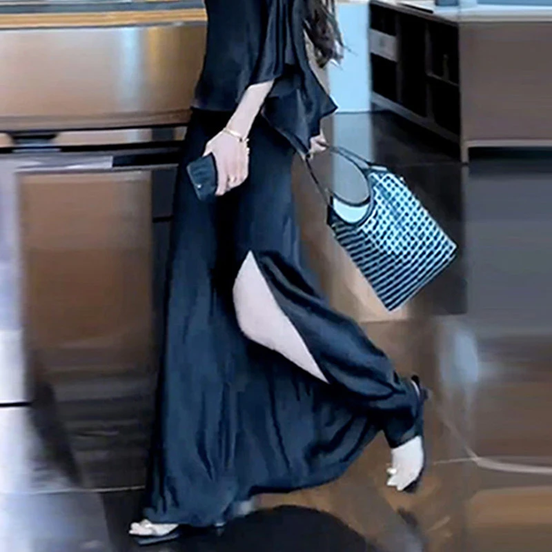 高级感气质洋气小黑裙开叉缎面醋酸裙子冰丝半身裙女夏季薄款长裙