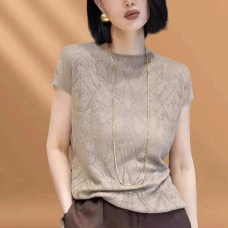 杭州高端大牌真丝T恤女士短袖时尚小衫2025夏新款提花桑蚕丝上衣