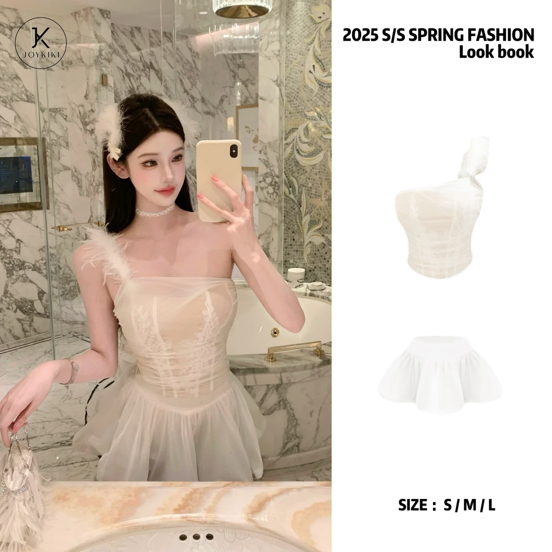 JOY KIKI金金【云端仙子】蕾丝拼接毛毛单肩设计感显瘦上衣J25A492