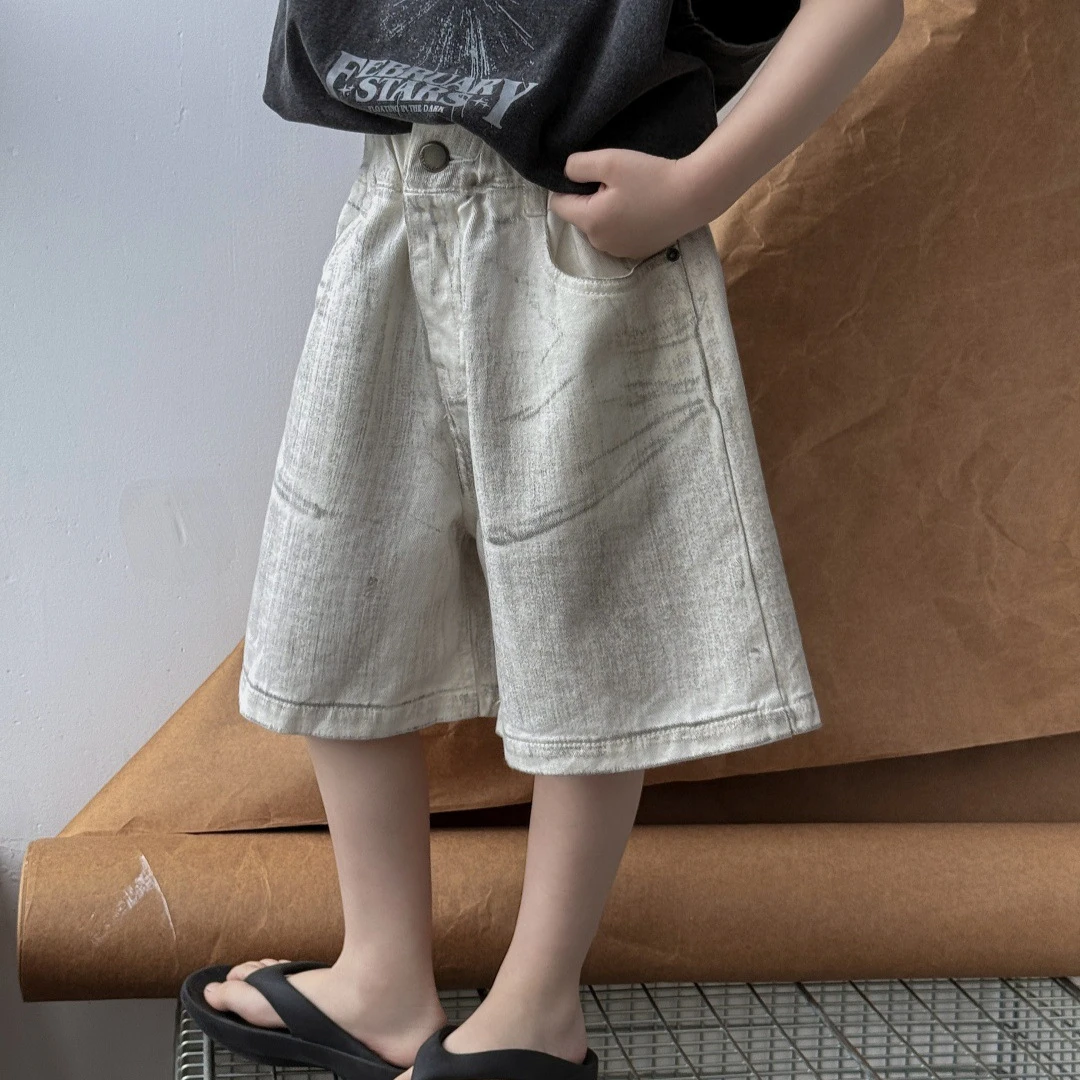 【短裤】2025夏季儿童牛仔男童中小童潮酷裤子洋气中裤男孩手工脏染