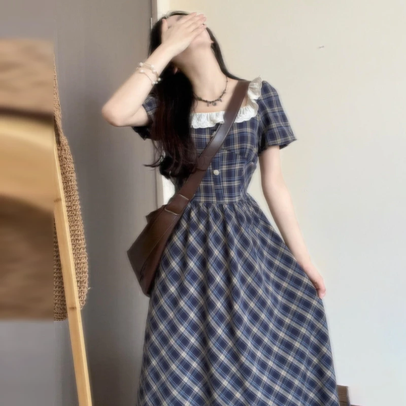 3202法式学院风蓝色格纹连衣裙子女新款夏季独特漂亮掐腰绝美长裙