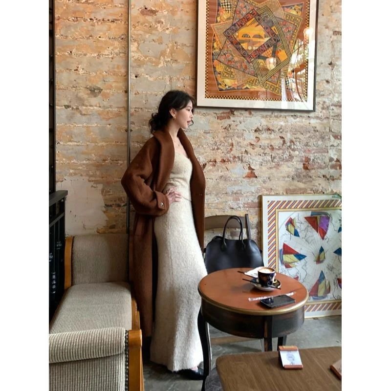 酒午【日落大道】港风复古翻领羊驼毛呢大衣气质外套中长款KLF3452