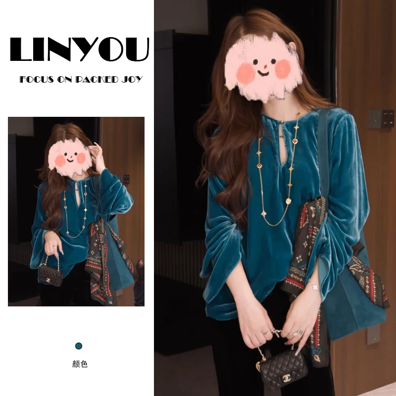 新中式国风湖蓝色丝绒衬衫女士2025早秋洋气轻奢宽松唐装上衣小衫