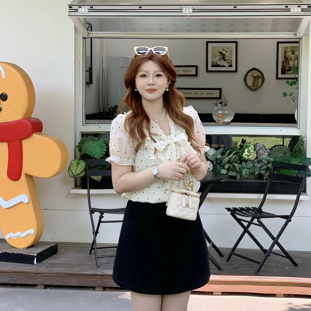 楠序樱桃微胖女装 蝴蝶领波点法式衬衫泡泡袖上衣女夏季DD10210