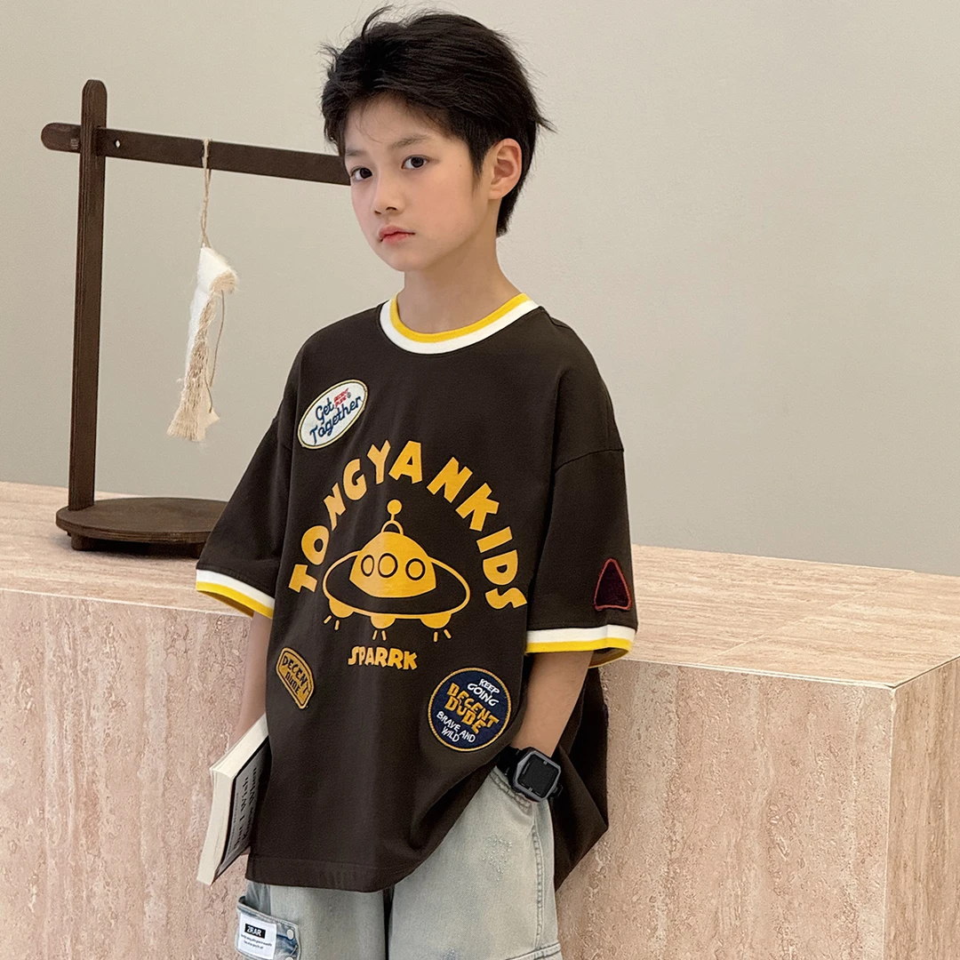 男童夏装短袖新款洋气中大童假两件半袖儿童帅气五分袖潮TY70912