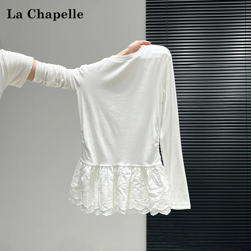 拉夏贝尔白色设计感裙边下摆磨毛加厚上衣女秋冬季修身内搭打底衫