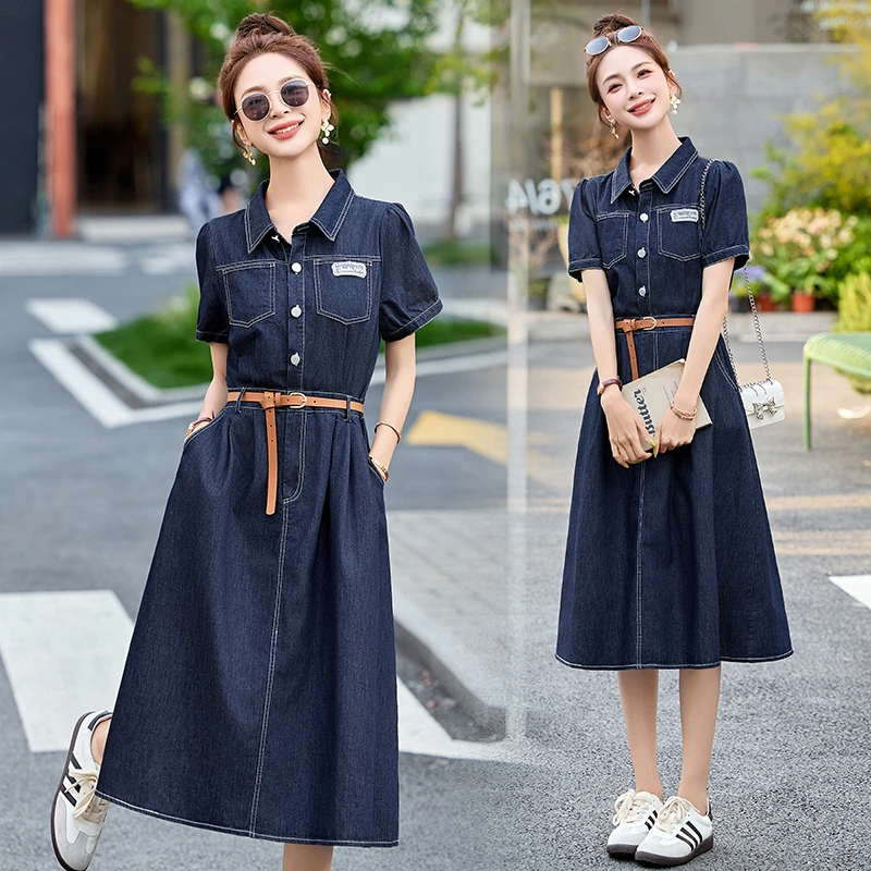 复古牛仔连衣裙女短袖2025夏季新款收腰显瘦小个子中长款a字裙子