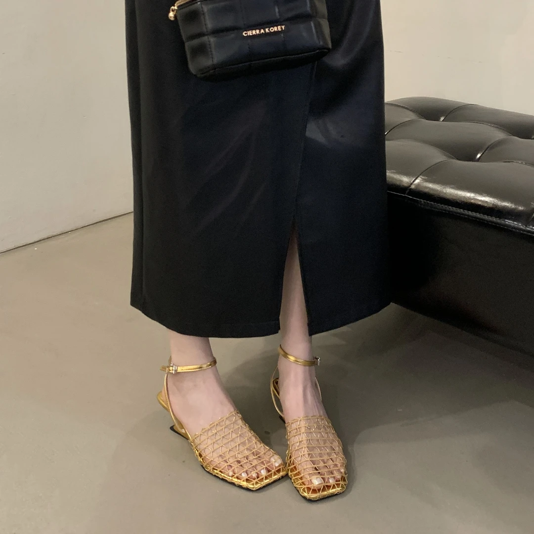 时尚坡跟镂空网面包头凉鞋女夏外穿法式一字扣带气质高跟罗马凉拖