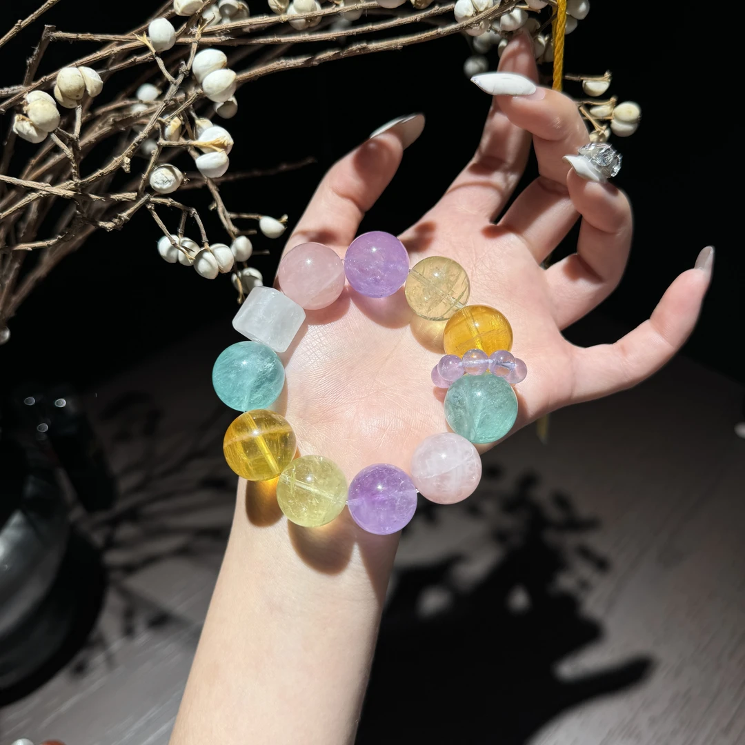 *糖系幻梦*天然粉水紫水绿萤石黄金萤石手串F