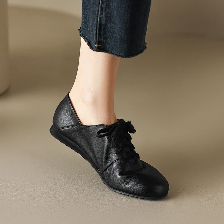 休闲英伦风系带小皮鞋女2025秋季新款舒适软面真皮可踩跟平跟单鞋