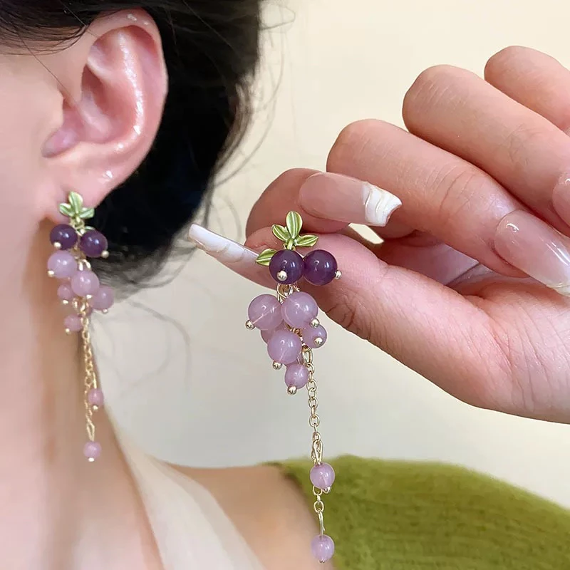铜合金耳饰 甜美紫色葡萄耳环女长流苏耳坠气质高级感耳饰E2249
