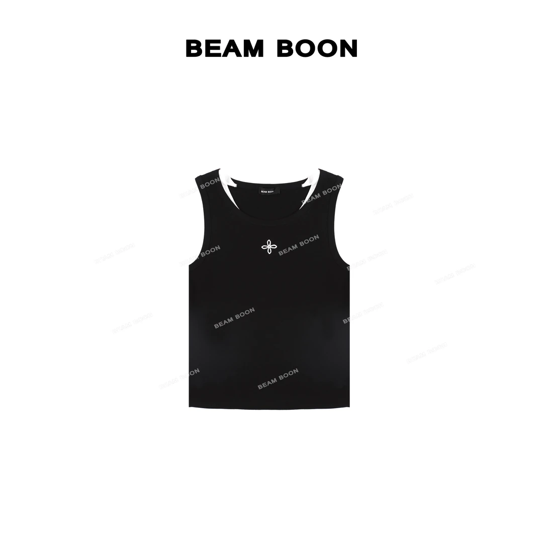 Beam Boon|【热岛背心】刺绣撞色假两件弹力修身显瘦百搭无袖背心