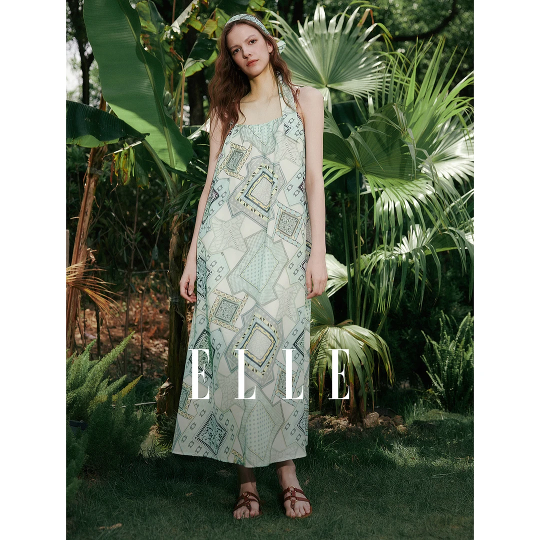 ELLE法式度假风印花吊带连衣裙女2025夏新款优雅串珠长裙EL51398