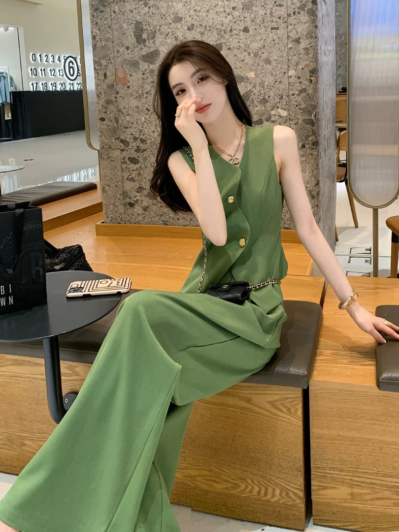 巨好看两件套夏装高级感气质名媛小香风绿色马甲阔腿裤休闲套装女
