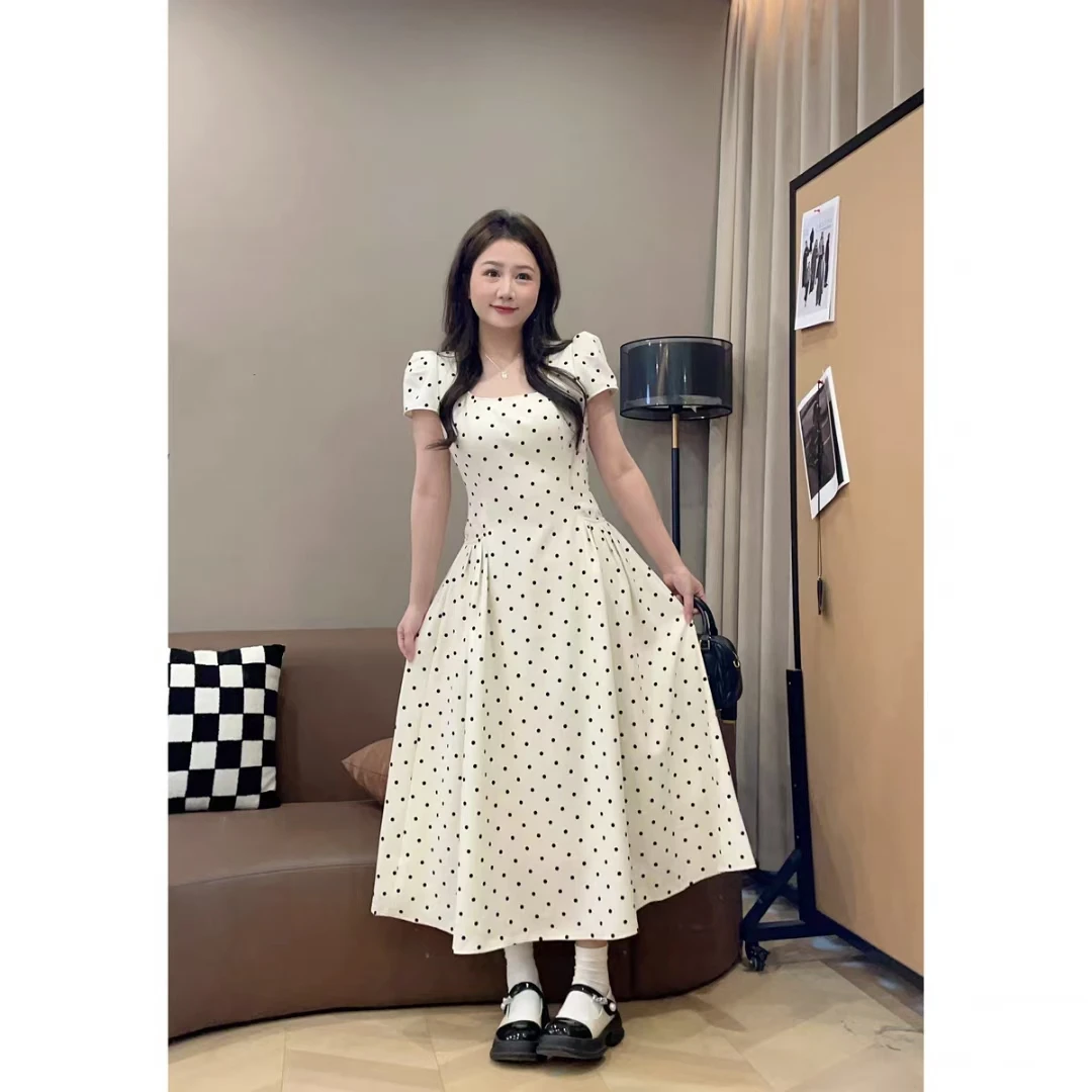 胖mm大码甜美温柔风方领波点超仙清新爆款ins连衣裙+外套显瘦套装