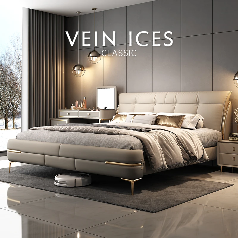 新木威新款高端现代轻奢纳帕真皮大床软包靠背主卧室婚双人高脚